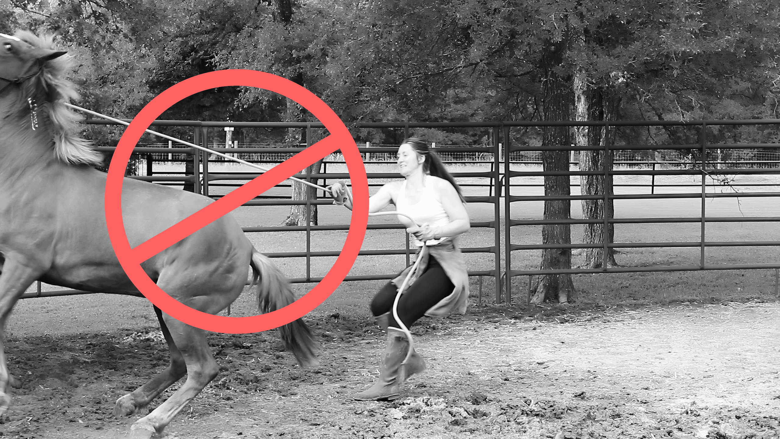 Black-and-white photo of Marina chasing a horse with a lunge whip in a round pen, crossed out with a red no symbol