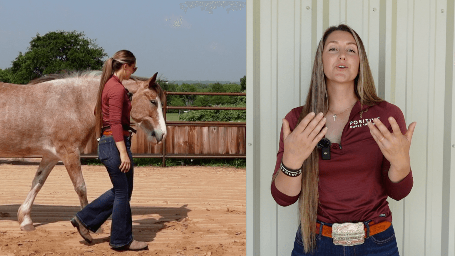 Course screenshot: a roan horse walks beside Marina with no lead rope while she explains on camera