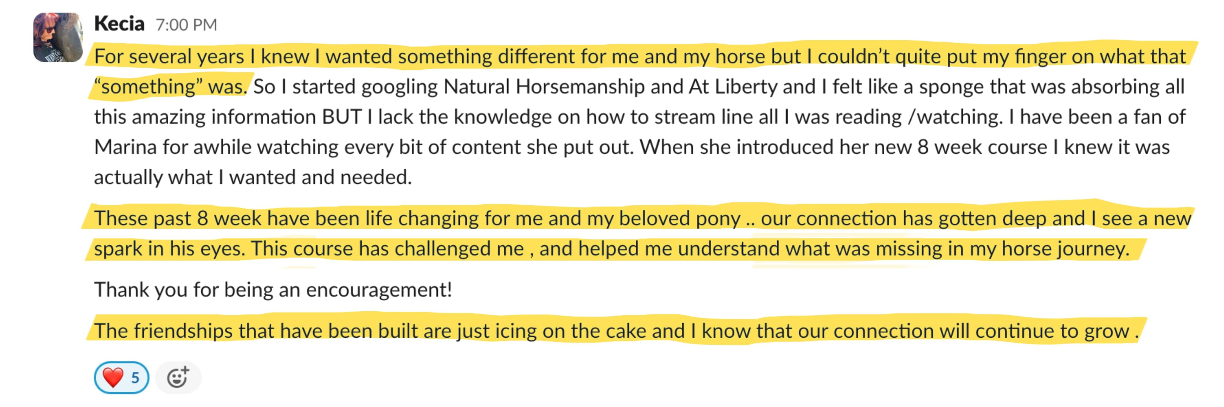 Student feedback from a Positive Horse Training student
