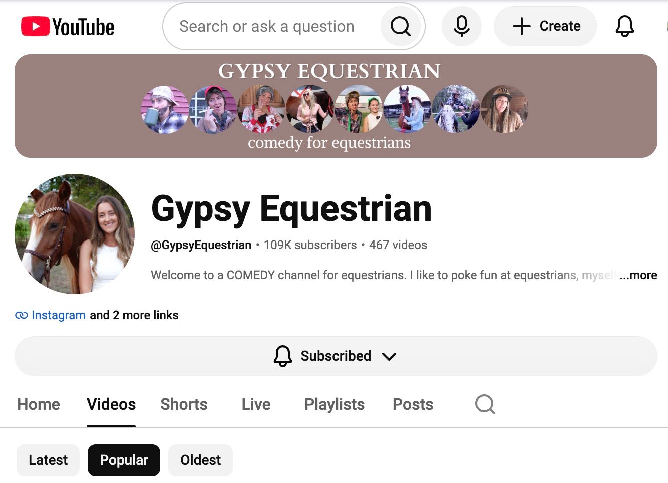 Marina's Gypsy Equestrian YouTube channel with 109K subscribers